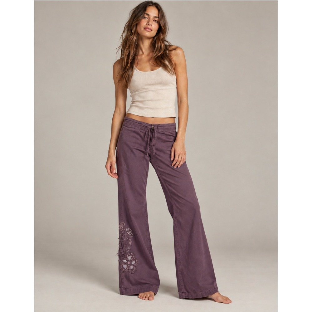 Vtg Y2K Prana Embroidered Wide Leg Pants Large Purple Boho Y2K Drawstring RARE